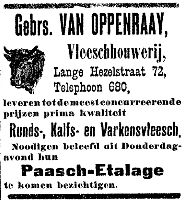 Advertentie Gebrs. van Oppenraay voor paas-etalage, Lange Hezelstraat 72 (PGNC 28/3/1902)