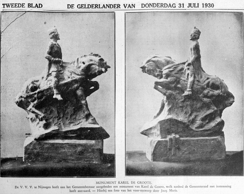 De VVV heeft het Gemeentebestuur het monument van Karel de Grote aangeboden; een voorontwerp van JAC Maris voor plaatsing op het Keizer Karelplein. Dit monument is nooit ergens geplaatst, 31/7/1930 (GN1615 RAN)