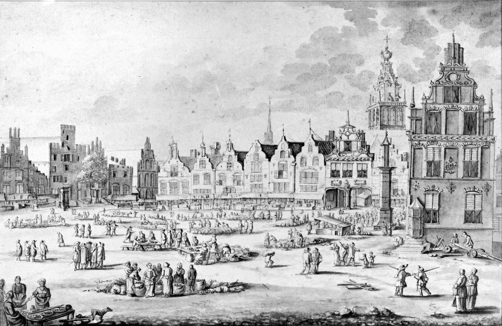 Een aquarel van Jan (Johannes) van Call (1656-1706) van een marktdag; De St. Stevenskerk, de Kerkboog en naast het Waaggebouw staan de schandpaal en de draaikooi.), 1675-1680 (GN2429 RAN)
