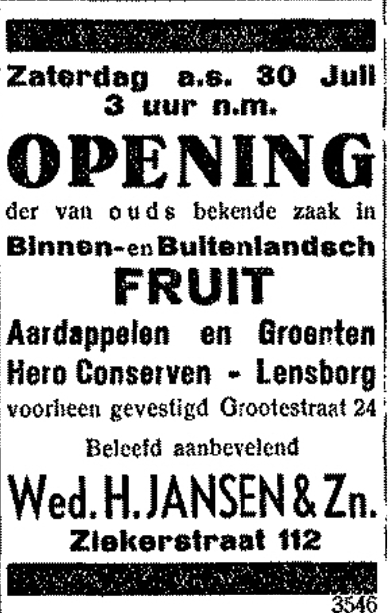 Openingsadvertentie Wed. H. Jansen & Zn. (De Gelderlander 29/7/1932)
