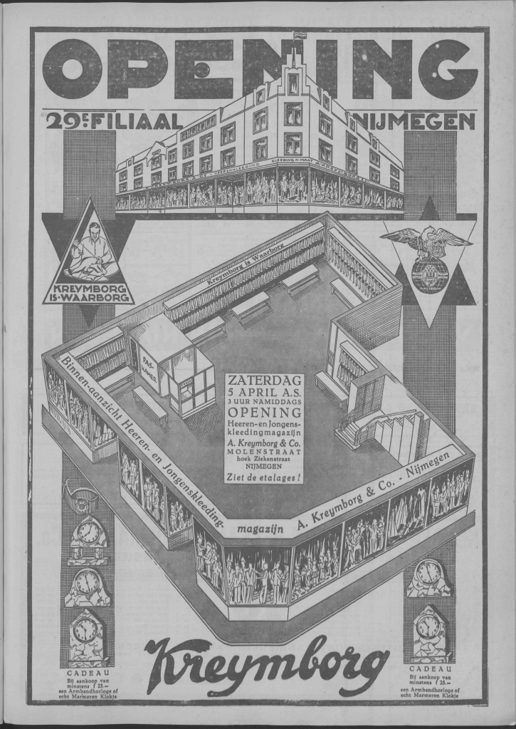 Opening 29ste filiaal Kreymborg Nijemgen, paginagrote advertentie in PGNC 4/4/1930