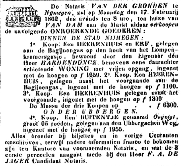 Advertentie verkoop hoek Begijnenstraat-Lompenkramersgas (PGNC 8/2/1862)