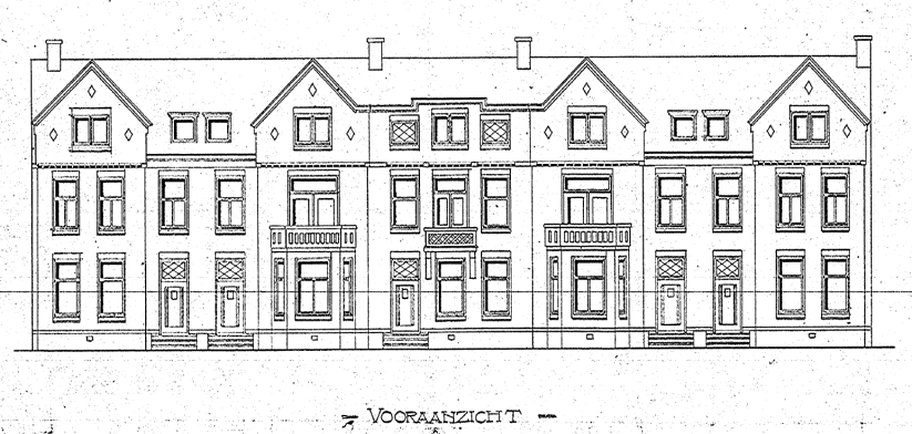 Ontwerp voor den bouw van vijf Heerenhuizen aan de Javastraat te Nijmegen, Bouwkundige en aanvrager Firma G. Tiemstra en Zonen, Javastraat 27 – 35 datum bouwdossier 23-3-1920 (D12.386186)