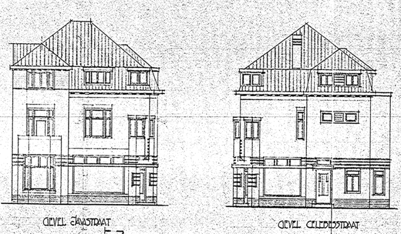 Plan voor het bouwen van een Winkelhuis met Bovenwoning aan de Javastraat hoek Celebesstraat, N.V. Aannemersbedrijf v/h. G. Tiemstra & Zonen, datum tekening februari 1925 (D12.389341) 