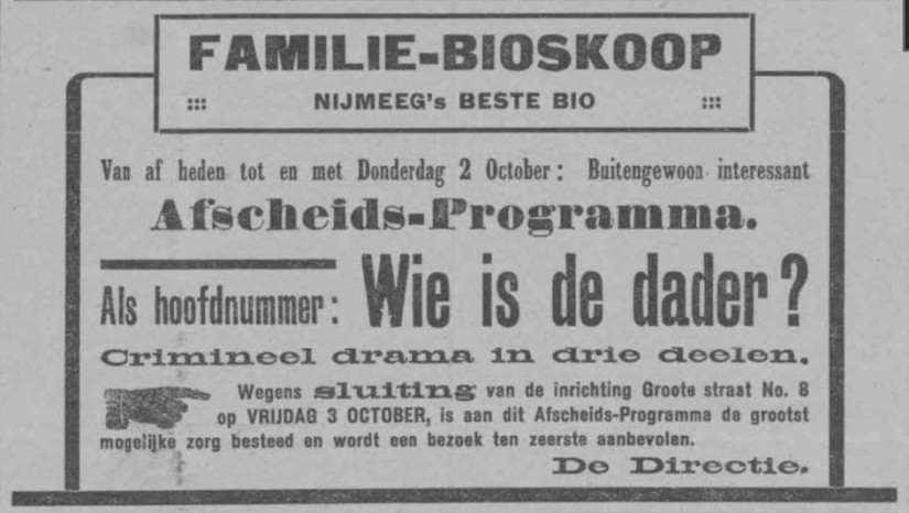 Advertentie laatste programma bioscoop aan de Grootestraat (PGNC 28/9/1913)