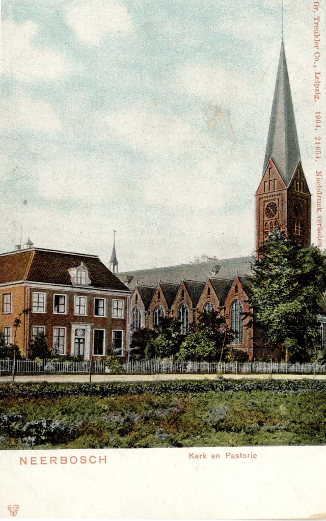 De R.K. St. Antonius Abtkerk en pastorie, 1904 (Uitg. Dr. Trenkler en Co via F16087 RAN) Dennenstraat Hees