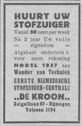 Advertentie De Kroon "Huurt uw stofzuiger" (PGNC 23-10-1937)
