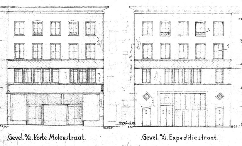 Plan voor de bouw winkelpand met bovenwoningen a/d Molenstraat a/d Expeditiestraat, opdrachtgever Th.B.J. Schönberger, architect van der Kloot, datum tekening: november 1951 (D12.413538)