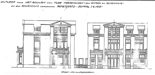 Ontwerp voor het bouwen van twee Heerenhuizen- een Onder en Bovenhuis en een Bovenhuis waaronder Bergplaats, datum tekening mei 1915 (D12.384932)