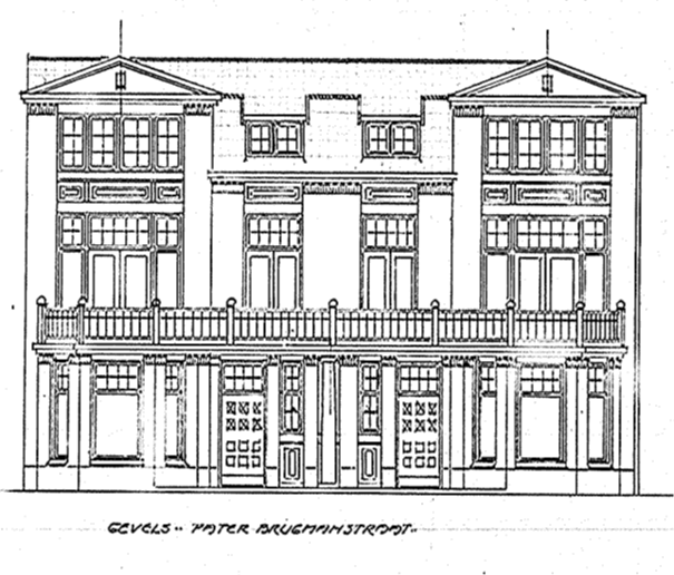 Gevel Pater Brugmanstraat: Ontwerp voor het bouwen van twee Heerenhuizen- een Onder en Bovenhuis en een Bovenhuis waaronder Bergplaats, datum tekening mei 1915 (D12.384932)