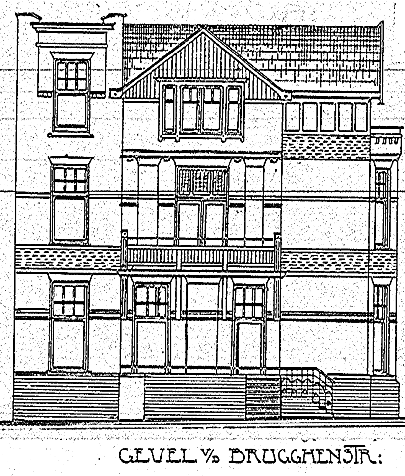 Bouwplan voor Twee Heerenhuizen aan de Canisiussingel te Nijmegen: gevel v.d. Brugghenstraat, Kad. Sect. B. No. 3667, J.J. Haspels, datum bouwdossier 15-5-1908 (D12.380147)