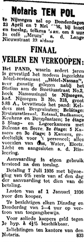 Hotel Nassau te koop (De Gelderlander 18/4/1936)