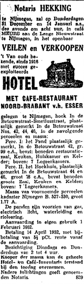 Aankondiging veiling Hotel “Noord-Brabant” (De Gelderlander 19/12/1931)
