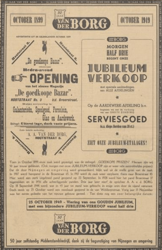 Advertentie 50-jarig jubileum v.d. Borg ( Nijmeegsch dagblad, 24-10-1949)
