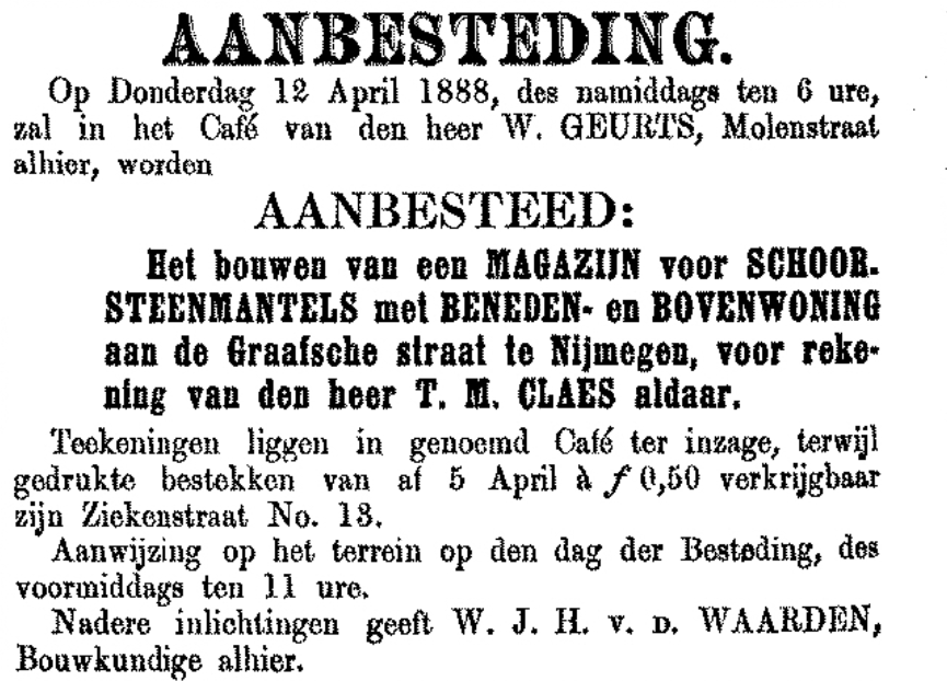 Aanbesteding Magazijn Schoorsteenmantels T.M. Claes door bouwkundige W.J.H. v.d. Waarden (PGNC 8/4/1888)