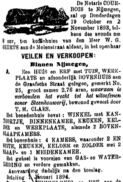 Aankondiging veiling T.M. Claes (De Gelderlander 8/10/1893)