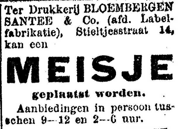 Advertentie Drukkerij Bloembergen Santee & Co, dan nog Stieltjesstraat 14 (De Gelderlander 25/1/1917)