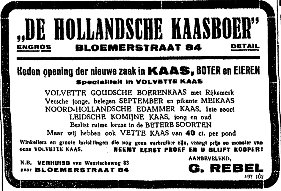 Advertentie De Hollandsche Kaasboer G. Rebel opening Bloemerstraat 84 (De Gelderlander 8/1/1929)