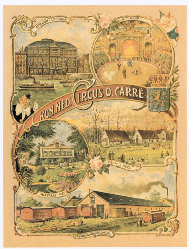 Een replica met foto's van de verschillende onderdelen van het Koninklijk Nederlands Circus O.Carré: Villa Carré Hees, Farm in Hees, Magazijn en werkstellen Hees en het Circus Amsterdam met interieur dat in 1887 werd gebouwd, 1887-1900 (1000.2539 RAN)