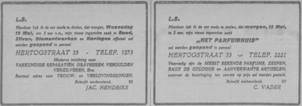 Opening van de zaken aan de Hertogstraat 35 (Jac. Hendriks) en 33 (Het Parfumhuis van C. Vader) (PGNC 14/5/1929)