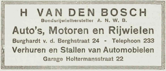 H. van den Bosch, Auto's, Motoren en Rijwielen (Adresboek Adresboek 1915-1916)