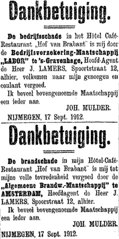 Brandschade J. Mulder Hof van Brabant (De Gelderlander 20/9/1912)
