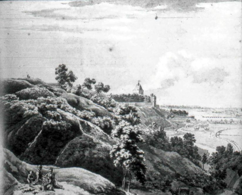 Een tekening van Hendrik Hoogers (1747-1814) van de Hunnerberg, gezien richting het westen met op de achtergrond de Valkhofburcht en de Belvédère, 1774 (Collectie dr. Jan Brinkhoff D278 RAN CC0)