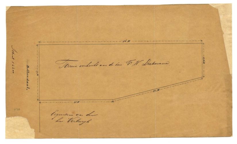 Een tekening van een terrein aan de Bottendaal, verkocht aan F.W. Dickmann, van Oldenbarneveltstraat, 1/1/1890-31/12/1890 (KPU-454 RAN)