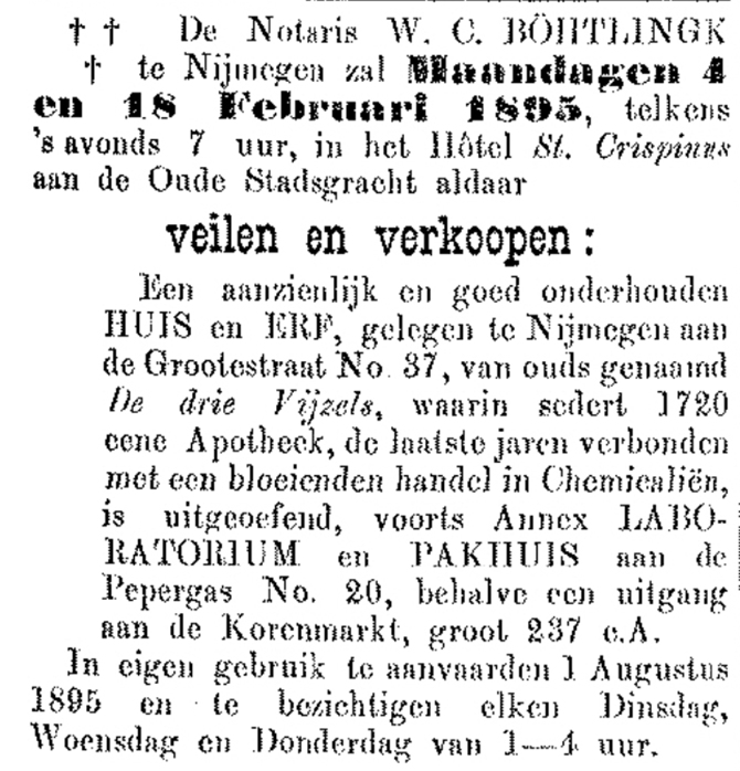 Advertentie verkoop de Drie Vijzels (PGNC 27/1/1895)