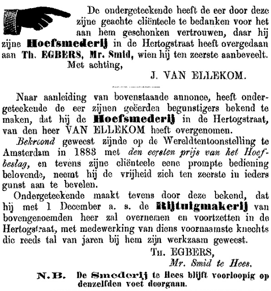 Overname smederij in Hertogstraat door Th. Egbers (PGNC 23/10/1887)