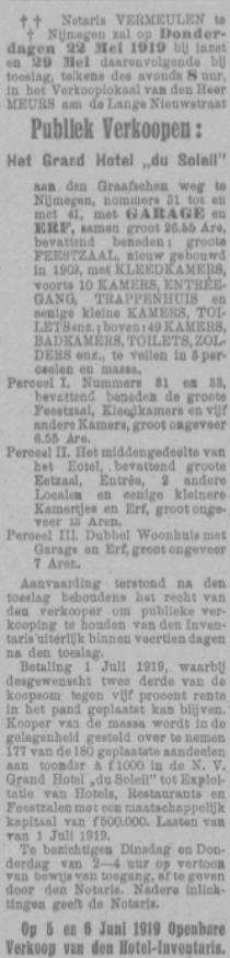 In mei 1919 staat Hotel Du Soleil te koop (PGNC 10/5/1919)