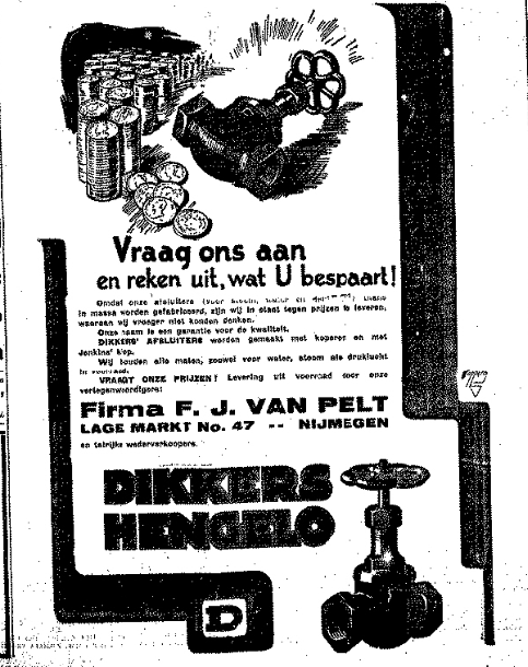 advertentie Dikkers afsluiters Firma van Pelt (De Gelderlander 17/11/1928)