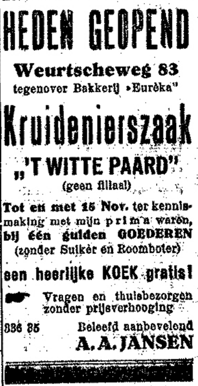 Advertentie opening Kruidenierszaak 't Witte Paard van A.A. Jansen, Weurtseweg (De Gelderlander 7/11/1924)