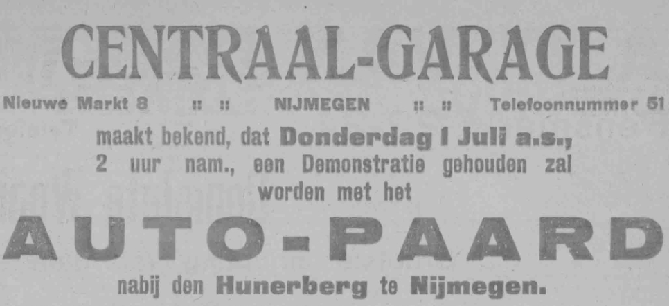Advertentie Demonstratie Auto-Paard Centraal Garage (PGNC 28/6/1920)
