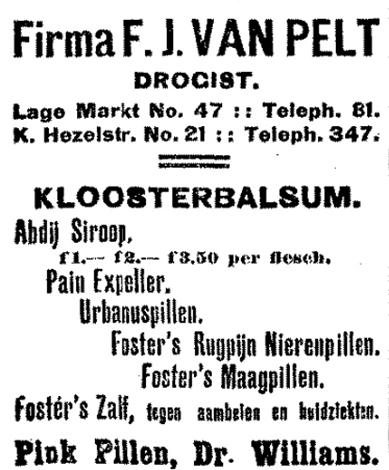 Advertentie Firma F.J. van Pelt, Lage Markt No. 47 en K. Hezelstraat No. 21 (De Gelderlander 26/11/1911)