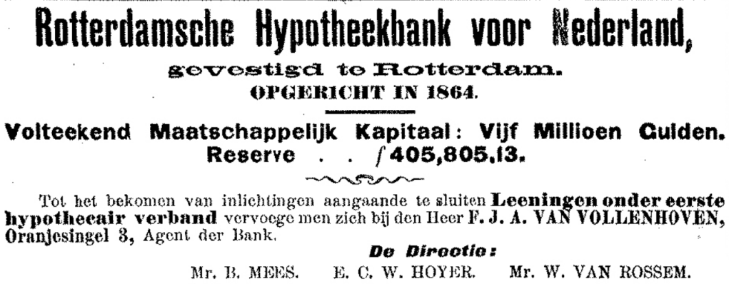 Advertentie Rotterdamsche Hypotheek Bank, met als adres F.J.A. van Vollenhoven, Oranjesingel 3 (PGNC 26/2/1901)