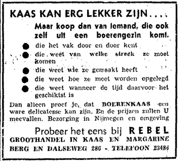 Advertentie Kaashandel G. Rebel (De Gelderlander 14/2/1953)