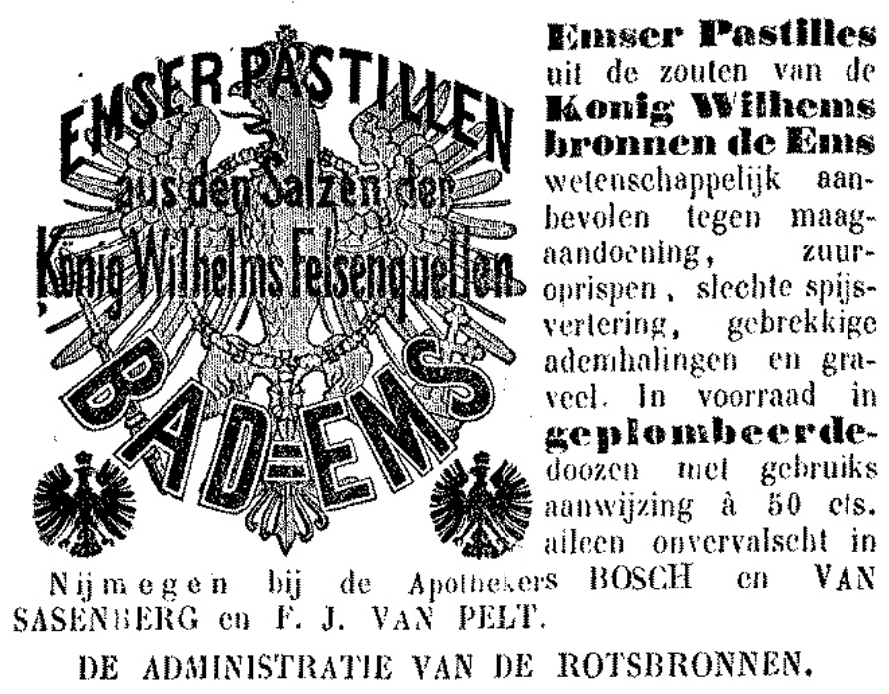 Advertentie Emser pastilles, verkrijgbaar bij F.J. van Pelt (PGNC 8/2/1871)
