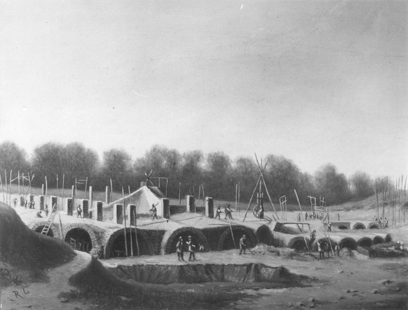 De bouw van Fort kijk in de Pot; een aquarel van R. Lauwerier, 1860 (F54590 RAN)