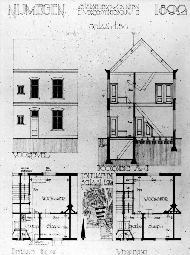 Een tekening van de bouw van 48 arbeiderswoningen in het Volksbelang II, Fort Kijk in de Potstraat, 1892 (L45289 RAN)