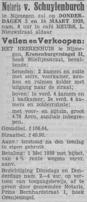 Advertentie Kronenburgersingl 231 te koop (PGNC 18/2/1939)