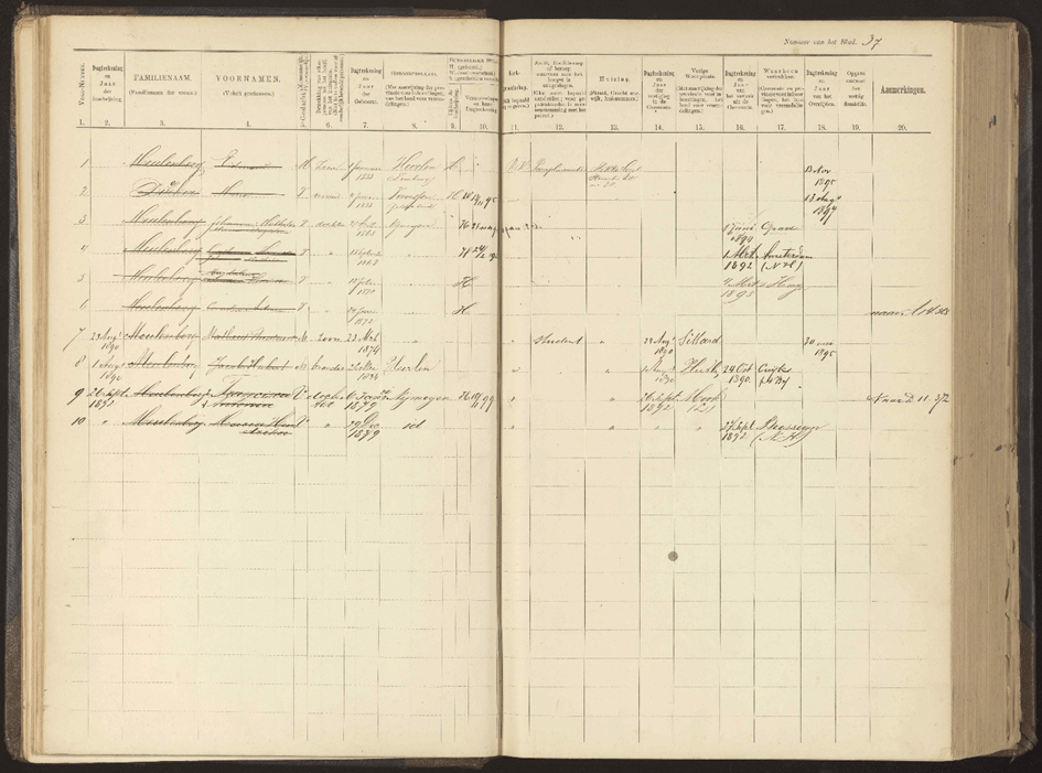 Edmond Meulenberg (Het Bevolkingsregister noemt Heerlen 1-1-1833 – Nijmegen 13-11-1895); Edmond Meulenberg staat hierin als 'Zoon' aangeduid en niet als 'Hoofd'. Als zijn geboortedatum
staat aangegeven 1 januari 1833, terwijl volgens het Bevolkingsregister uit 1850 zijn geboortedatum
1 januari 1832 is; Stikke Hezelstraat D nr 30, Bevolkingsregister 1890