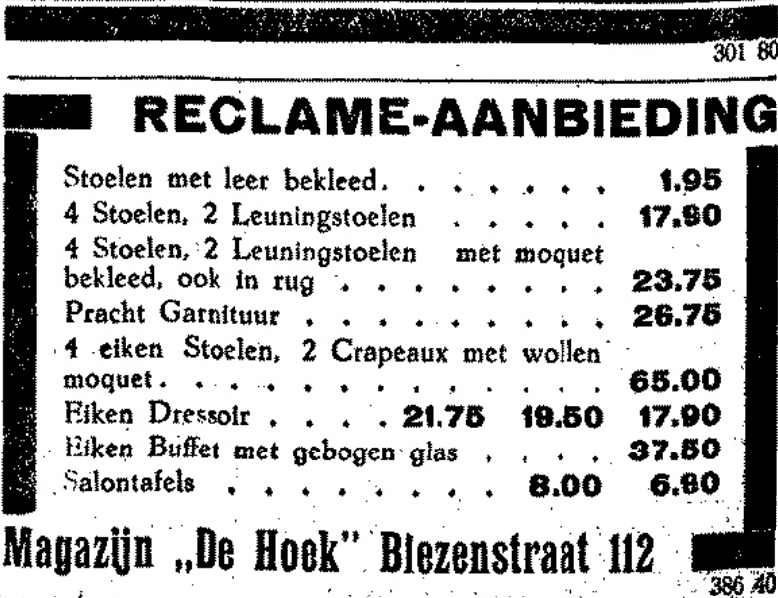 Advertentie Magazijn de Hoek, Biezenstraat 112 (De Gelderlander 30/8/1933)