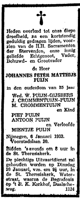 Overlijdensadvertentie Johannes Puijn (De Gelderlander 7/1/1933)