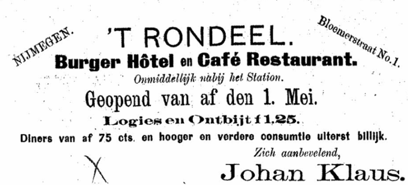 Advertentie Hotel en Café restaurant 't Rondeel Bloemerstraat (De Gelderlander 20/7/1893)