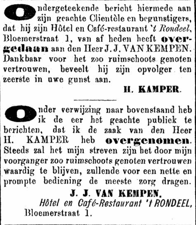 Advertentie overname 't Rondeel door van Kempen (PGNC 31/7/1898)