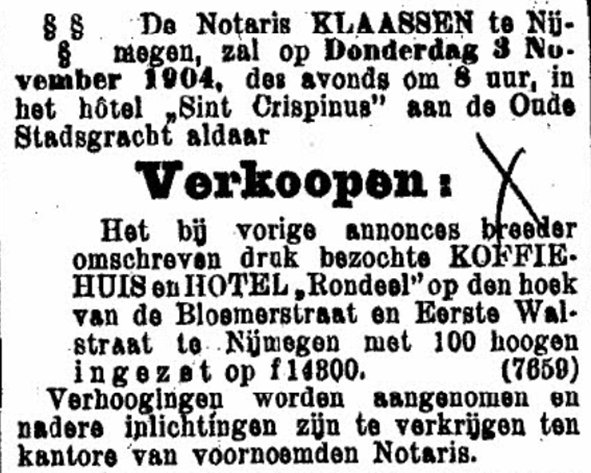 In oktober 1904 staat het Koffiehuis en Hotel “Rondeel” te koop. (De Gelderlander 23/10/1904)