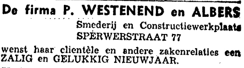 Nieuwjaarsgroet Westenend en Albers Sperwerstraat (De Gelderlander 31/12/1952)