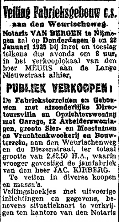 Aankondiging veiling fabriek Kirberg inclusief villa (De Gelderlander 3/1/1925)