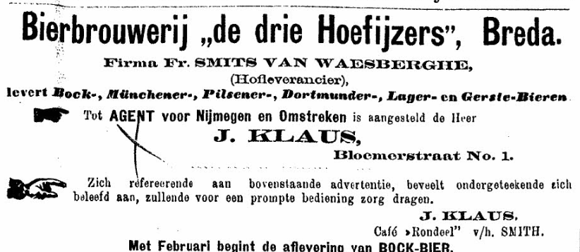 Advertentie J. Klaus, Bloemerstraat (De Gelderlander 14/2/1892)